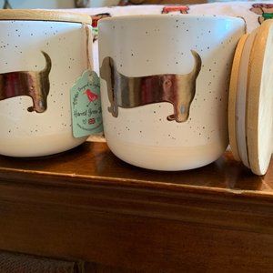 Set of Two Ceramic Dachshund Canisters with Wooden Lids